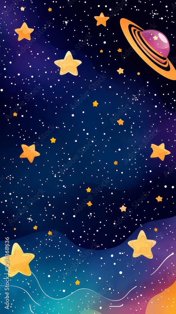 Fototapeta premium Pixelated Planet and Gold Stars in a Vibrant Nebula