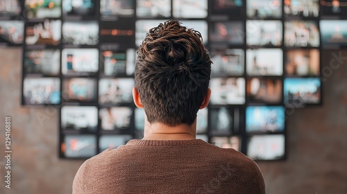 Cybersecurity data protection through collaboration. Person gazing at a wall of displayed images or photographs.