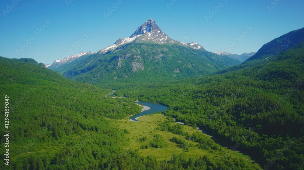 Naklejka premium Majestic mountain rises above lush green valley, river winding t