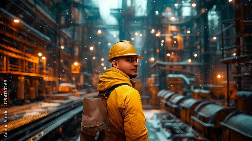 Industrial worker exploring a lively factory with bright lights and moving machinery Industrial worker exploring a lively factory with bright lights and moving machinery