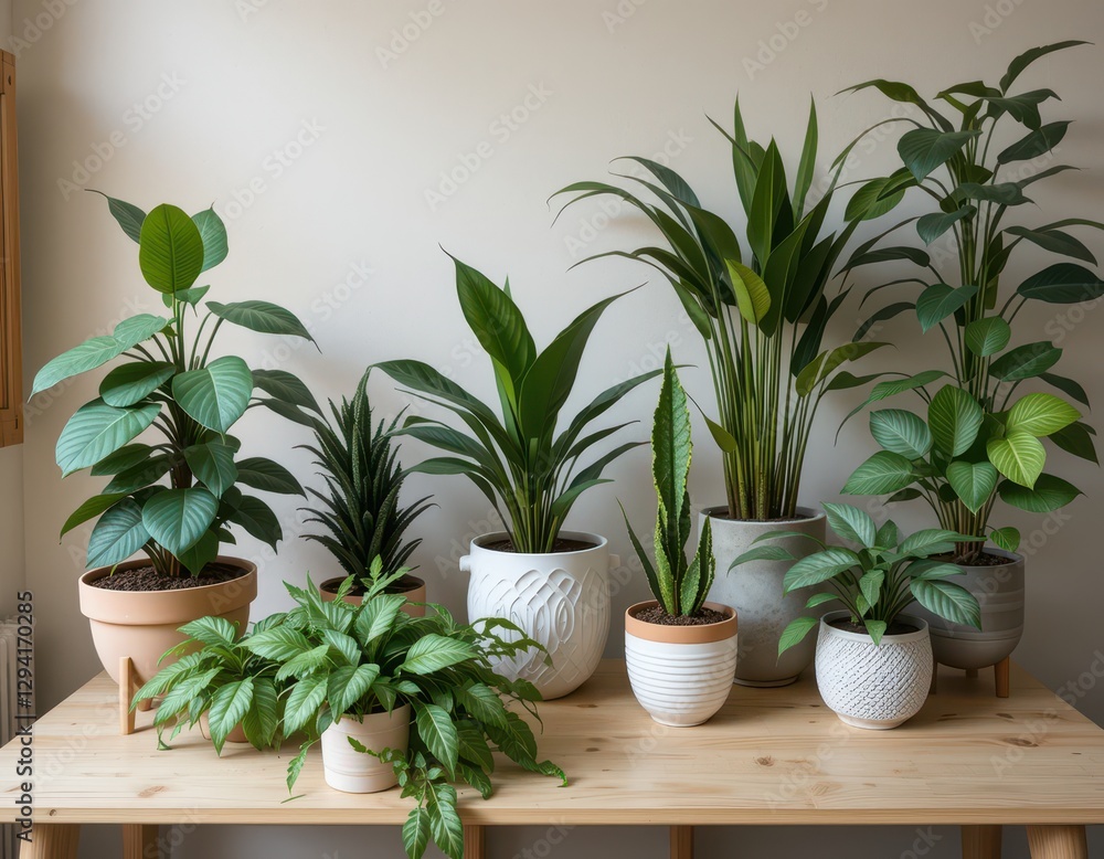 Collection of assorted houseplants on a wooden table against a white wall Collection of assorted houseplants on a wooden table against a white wall