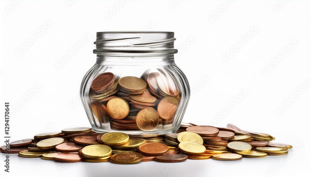 glass jar with coins isolated on white background glass jar with coins isolated on white background