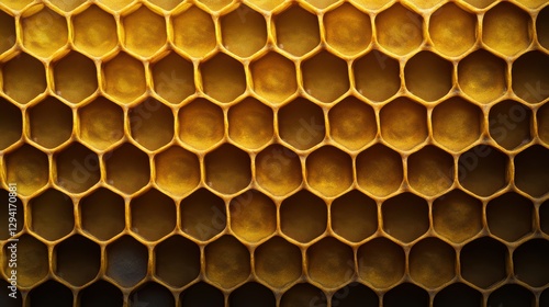 A close-up of a honeycomb structure showcasing its intricate hexagonal patterns, ideal for food-related projects, nature themes, or educational materials about bees and ecosystems, photo