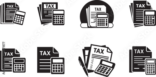 Tax Documents and Calculator Silhouette Icon Set