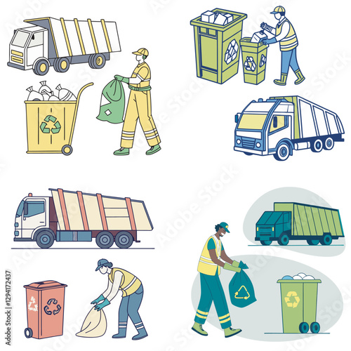 Trash utility, disposal, and recycling concept set Vector illustration—waste collector worker, recycling trash bin, and garbage truck collection.