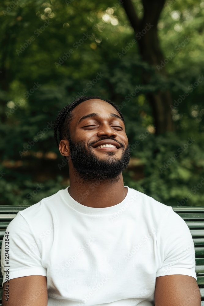 Smiling man enjoys peaceful moment in lush green park, radiating Smiling man enjoys peaceful moment in lush green park, radiating