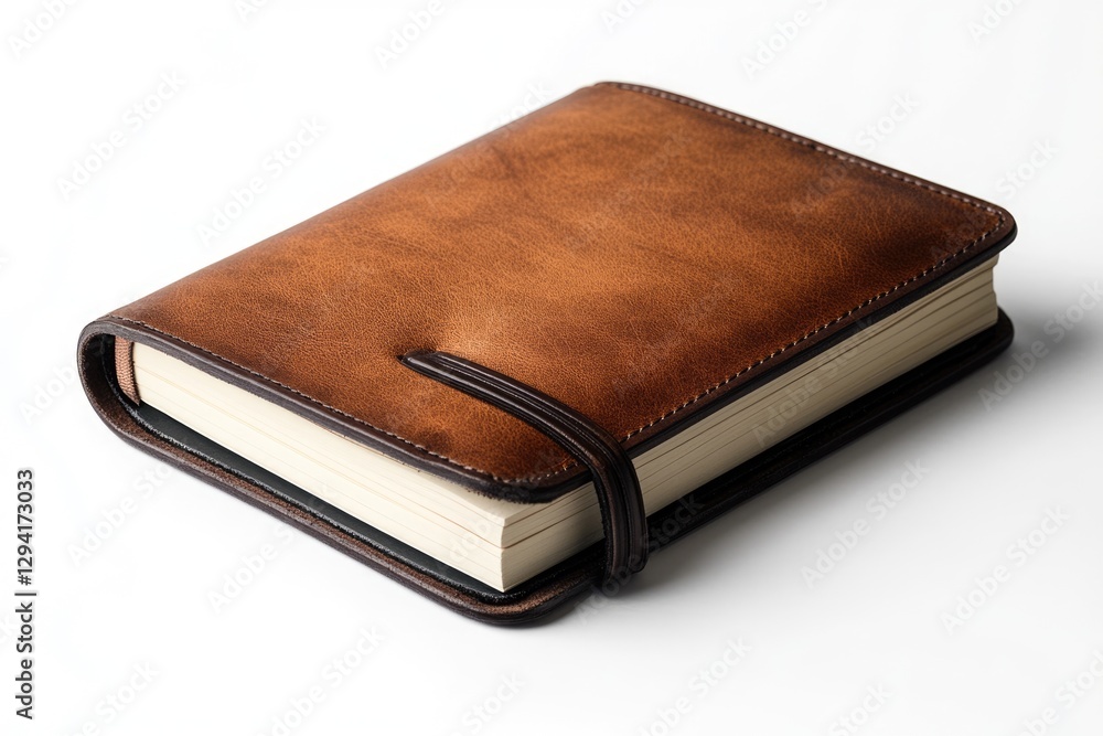 Brown leather bound notebook with blank pages, closed, on white background. Brown leather bound notebook with blank pages, closed, on white background.