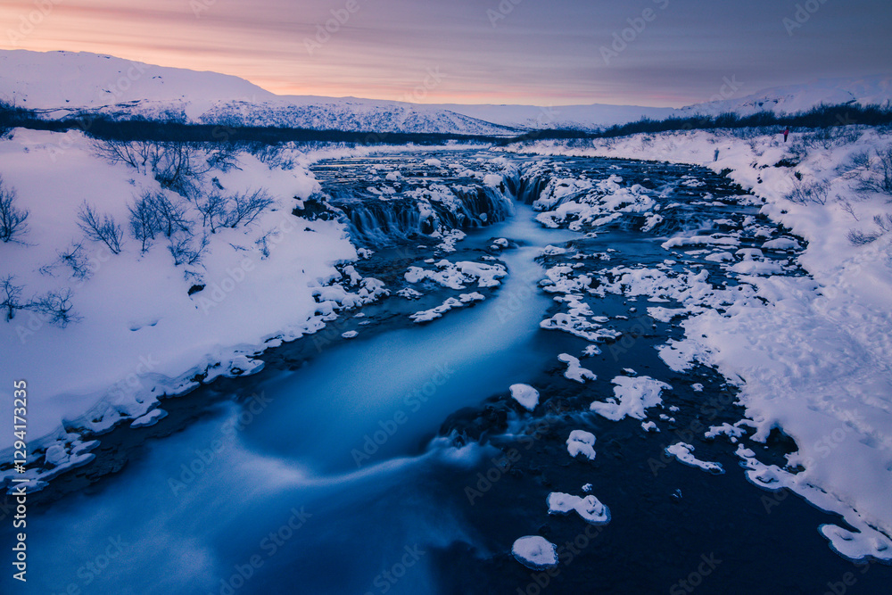 Fototapeta premium Sunset in Bruarfoss waterfall (South Iceland)