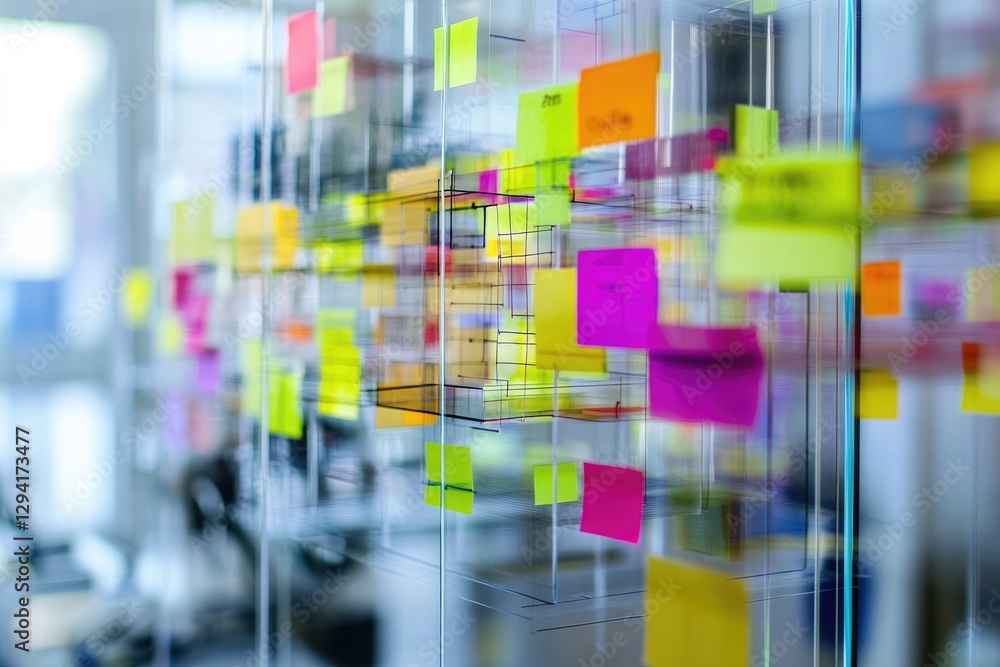 Abstract image of colorful sticky notes on a glass structure, representing brainstorming or project planning. Abstract image of colorful sticky notes on a glass structure, representing brainstorming or project planning.