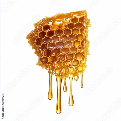 Realistic illustration of a honeycomb piece dripping with golden honey on a clean white background