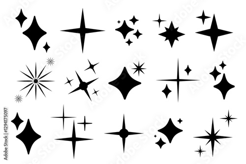 Wallpaper Mural Set of shine, sparkle black stars on white background. Sparkle star minimalist symbols. Shine retro icons. Flat blink twinkle, sunburst star shapes simple collection. Magic light flare templates pack. Torontodigital.ca