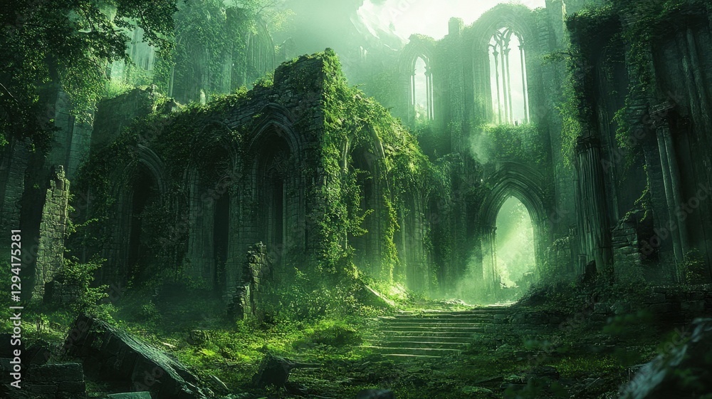 A ruined fantasy city where nature has taken over, vines creeping over crumbling stone walls, remnants of lost magic flickering in the air A ruined fantasy city where nature has taken over, vines creeping over crumbling stone walls, remnants of lost magic flickering in the air