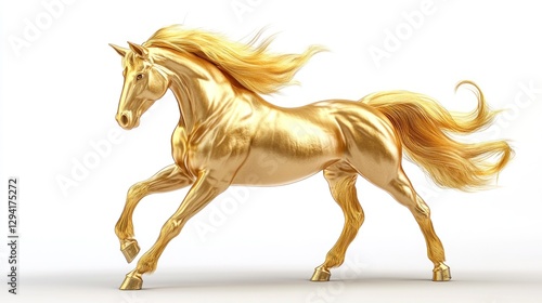 Golden Horse Running on White Background