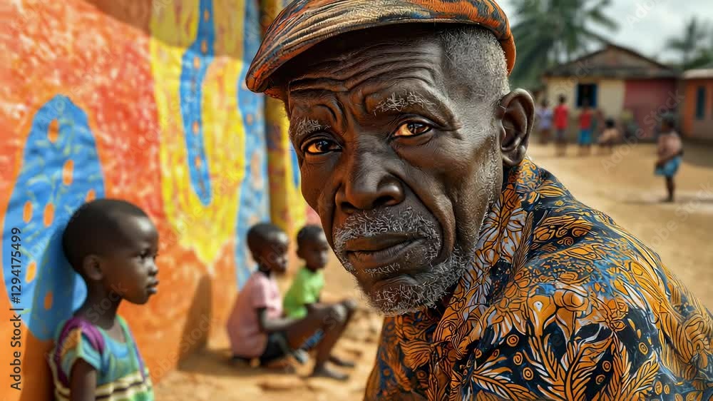 Wisdom of an elder in an African village captured in the vibrant surroundings of daily life and community activities Wisdom of an elder in an African village captured in the vibrant surroundings of daily life and community activities