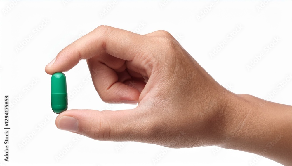 hand holding green capsule pill isolated on white background hand holding green capsule pill isolated on white background