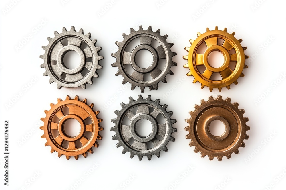 Six metallic gears, gold, silver, and bronze, arranged in a grid pattern on a white background, symbolizing teamwork and mechanics. Six metallic gears, gold, silver, and bronze, arranged in a grid pattern on a white background, symbolizing teamwork and mechanics.