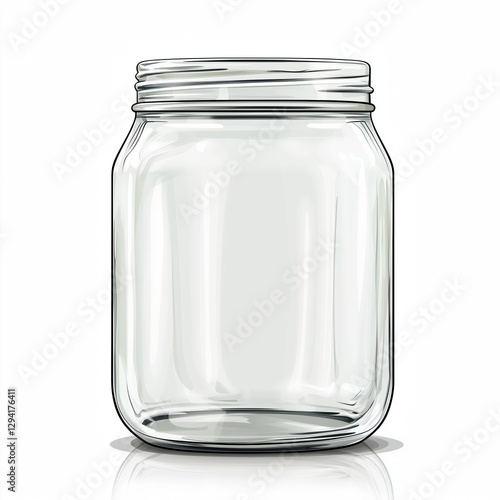 Realistic illustration of an empty transparent glass jar with a simple design, sharp details, and reflections on a clean white background