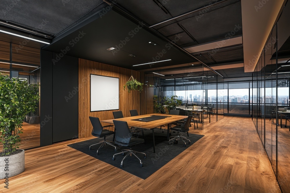 Naklejka premium Blank white poster mockup on a black interior, room, frame, poster, apartment, floor, gallery, picture,