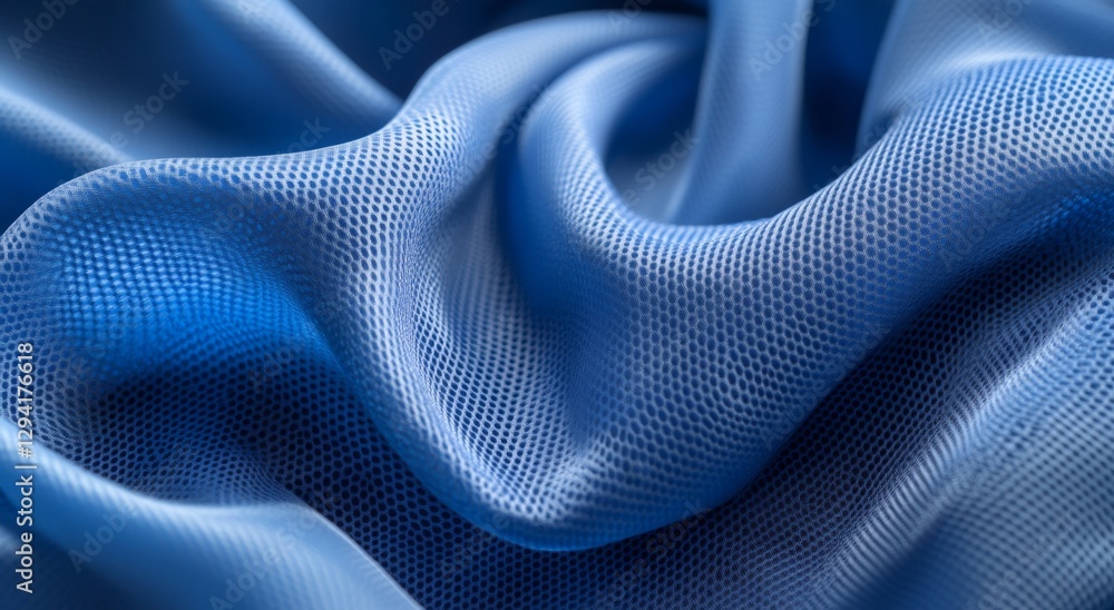 Close-up of blue textured fabric, draped, studio shot Close-up of blue textured fabric, draped, studio shot