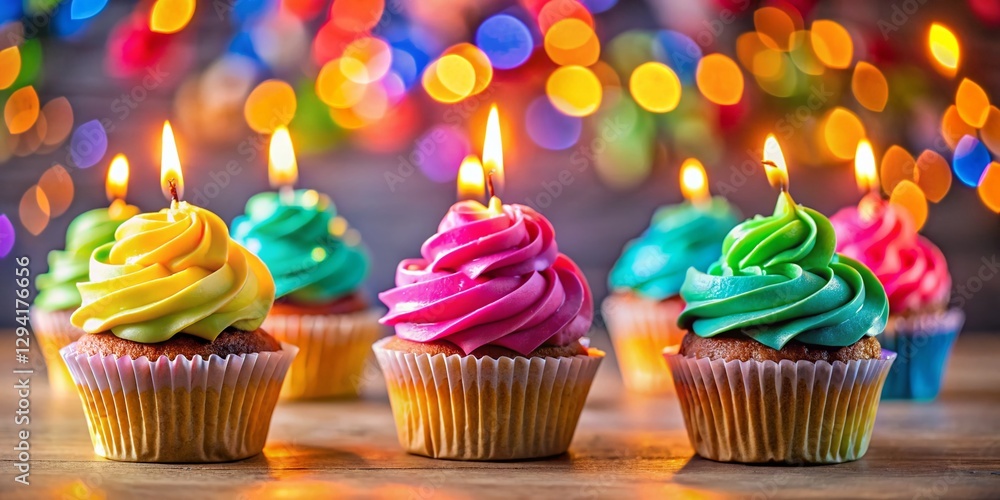 Delicious Cupcakes with Decorative Candles - Bokeh Background Stock Photo Delicious Cupcakes with Decorative Candles - Bokeh Background Stock Photo