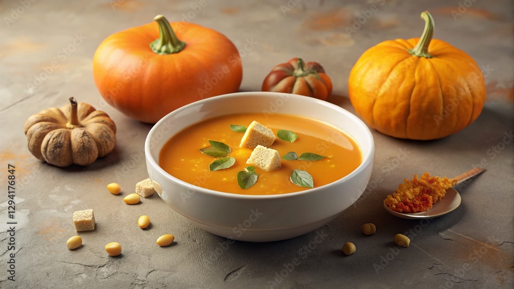 Minimalist Autumn Still Life: Spicy Pumpkin Soup with Croutons & Organic Pumpkins Minimalist Autumn Still Life: Spicy Pumpkin Soup with Croutons & Organic Pumpkins