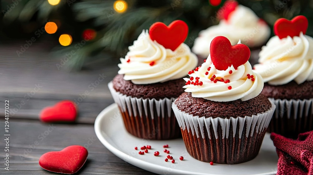 Festive red velvet cupcakes with heart decorations arranged on a plate for a celebration during winter festivities Festive red velvet cupcakes with heart decorations arranged on a plate for a celebration during winter festivities