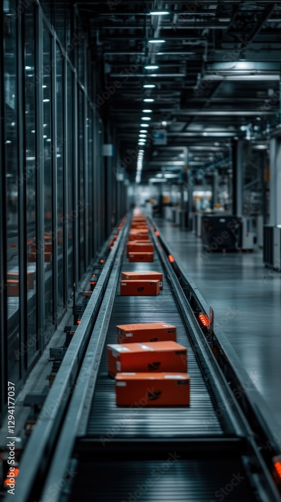 Conveyor belt transporting red packages through a modern warehouse during the evening, showcasing efficient logistics operations Conveyor belt transporting red packages through a modern warehouse during the evening, showcasing efficient logistics operations