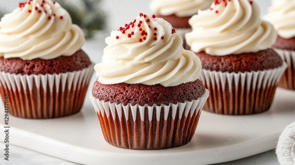 Delicious red velvet cupcakes with cream cheese frosting and red sprinkles showcased on a white platter Delicious red velvet cupcakes with cream cheese frosting and red sprinkles showcased on a white platter