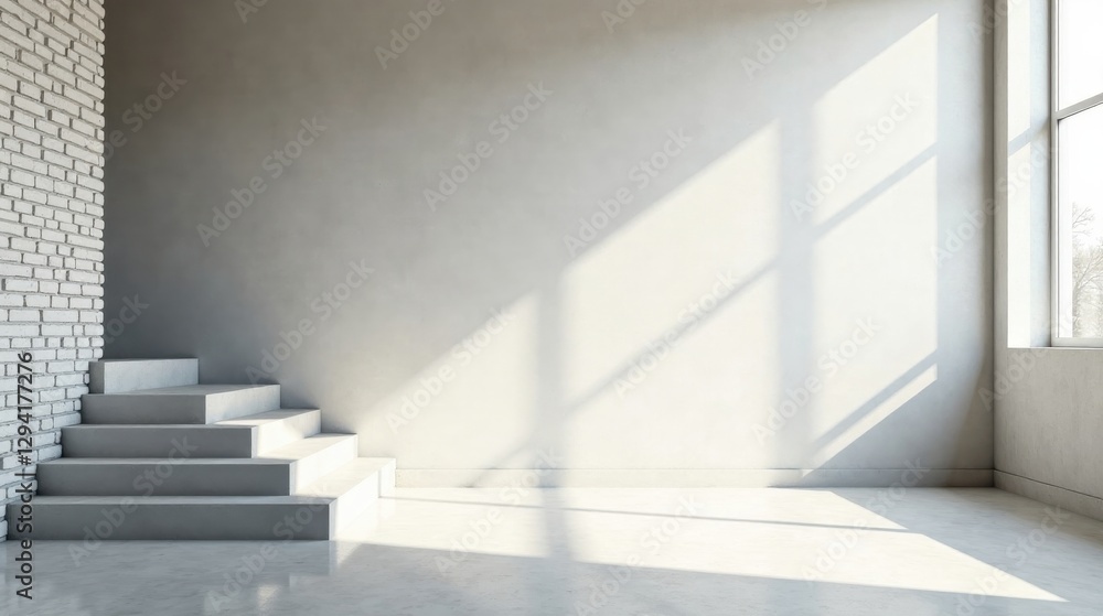 Obraz premium Minimalist Interior Design Sunlight Illuminates a Modern Staircase and White Brick Wall in an Empty Room