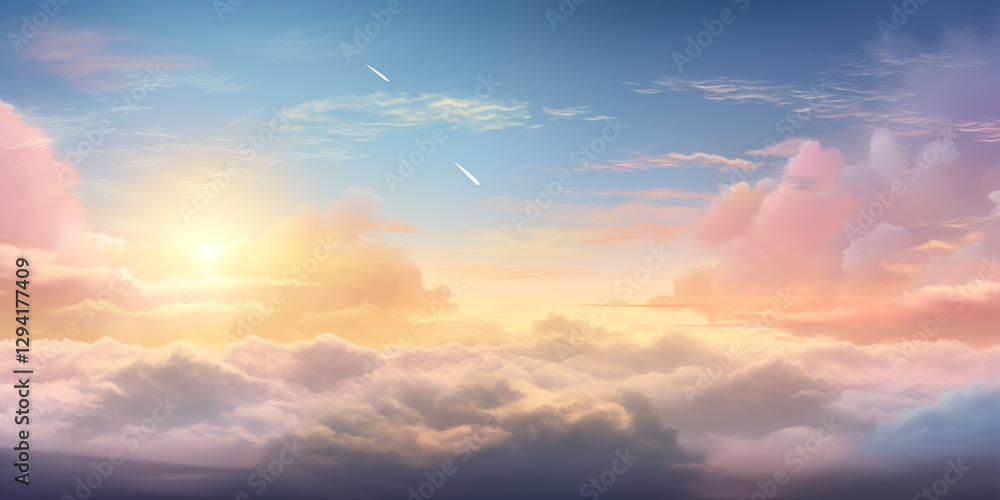 Fototapeta premium A serene sky view showcasing colorful clouds and a bright sun at dawn.