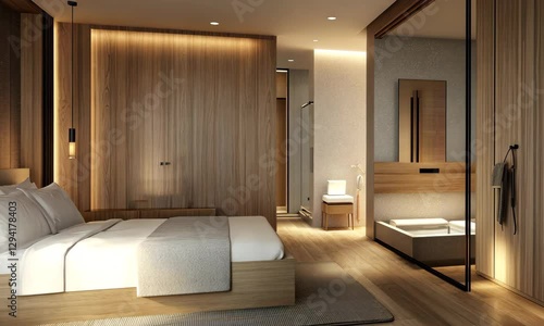 A modern, minimalistic hotel room featuring a wooden design, large bed, and an adjoining bathroom, emphasizing comfort and tranquility.