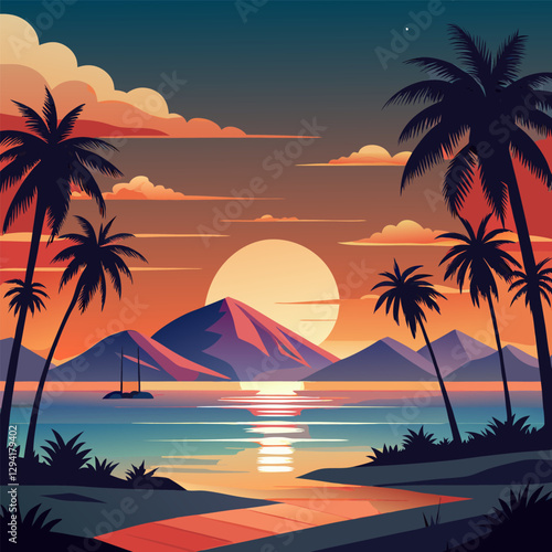Tropical beach with palm trees and sea - summer resort at sunset
