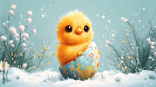 Bright and cheerful Easter chick hatching from a decorated egg, modern springtime vector art