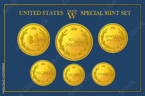 Vector united states special mint set of gold coins or tokens with denomination penny, nickel, dime, quarter and half dollar. Obverse. Collection golden medals.