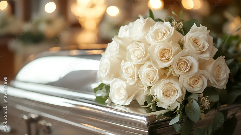 Obraz premium A bouquet of white roses on the table next to an open casket in the background, with a blurred focus. The scene with warm lighting from inside a funeral home