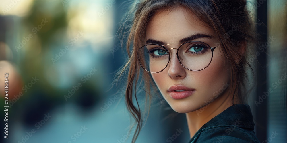 Young woman with glasses poses against a blurred urban background during golden hour Young woman with glasses poses against a blurred urban background during golden hour