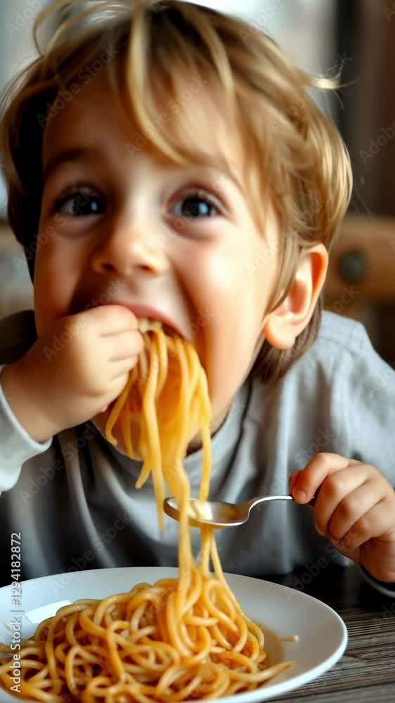 Happy boy eating tasty pasta at table in kitchen