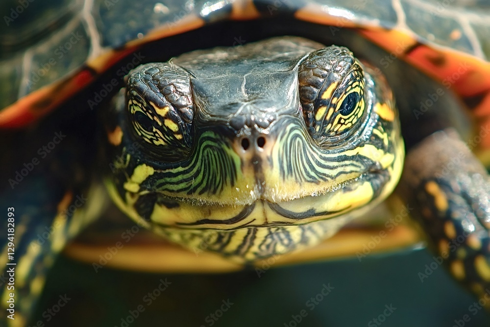Close-up of a painted turtle reveals the intricate patterns and vibrant colors of its head and shell, highlighting the beauty and detail of this aquatic reptile Close-up of a painted turtle reveals the intricate patterns and vibrant colors of its head and shell, highlighting the beauty and detail of this aquatic reptile