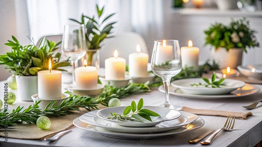 Minimalist Elegant Table Setting: Greenery & Candles for Special Occasions Minimalist Elegant Table Setting: Greenery & Candles for Special Occasions