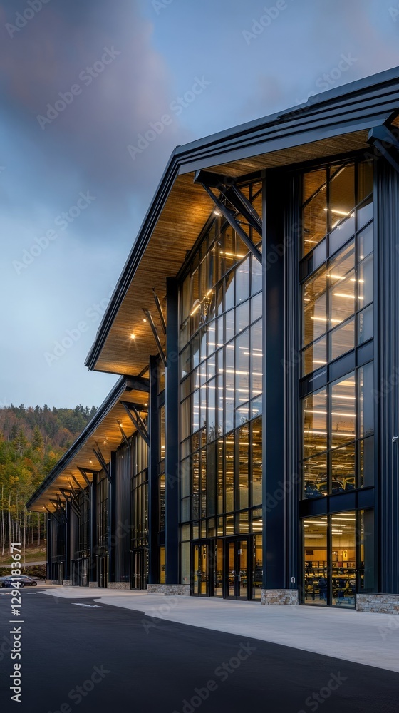 Obraz premium Modern architectural design of a large glass-fronted building at dusk in a mountainous area with illuminated interiors