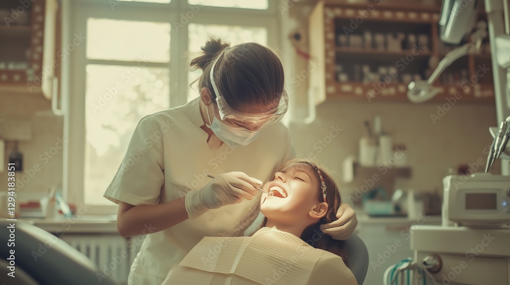 Young female dentist treating teeth of a girl in a dental office. Dentistry concept Young female dentist treating teeth of a girl in a dental office. Dentistry concept