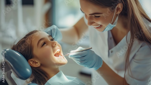 Young female dentist treating teeth of a girl in a dental office. Dentistry concept photo