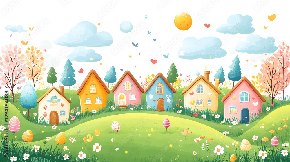 Whimsical Easter village scene with tiny houses, bunnies, and egg decorations, charming vector illustration Whimsical Easter village scene with tiny houses, bunnies, and egg decorations, charming vector illustration