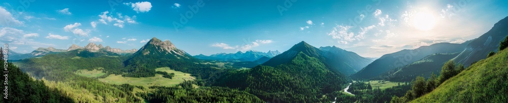 Lush green valley and majestic mountain peaks create a breathtaking alpine landscape in the Dolomites. Lush green valley and majestic mountain peaks create a breathtaking alpine landscape in the Dolomites.