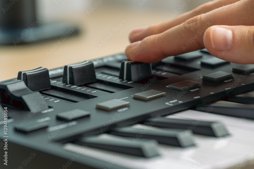 Fototapeta premium Woman playing MIDI keyboard with control knobs and pads, close-up.
