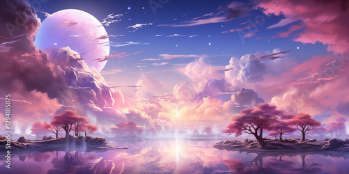 Serene landscape featuring a vibrant sunset over tranquil waters and sweet cherry blossom trees. photo