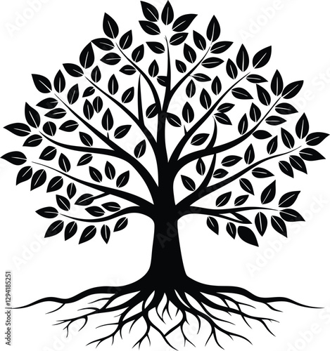 Beautiful tree with roots, white background vector art illustration 
