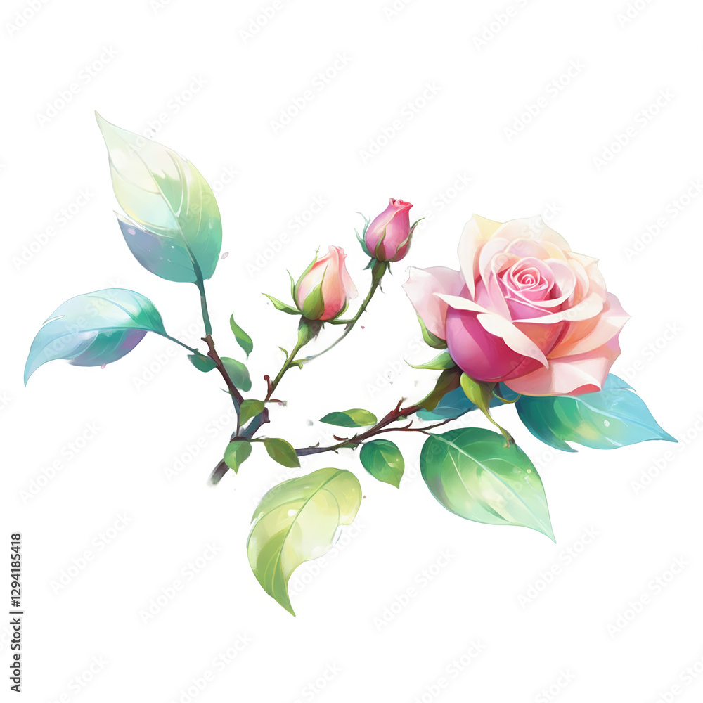 Fototapeta premium Watercolor painting of pink rose with buds and green leaves isolated cutout on transparent background. Blossom of flower close up, delicate botanical art.