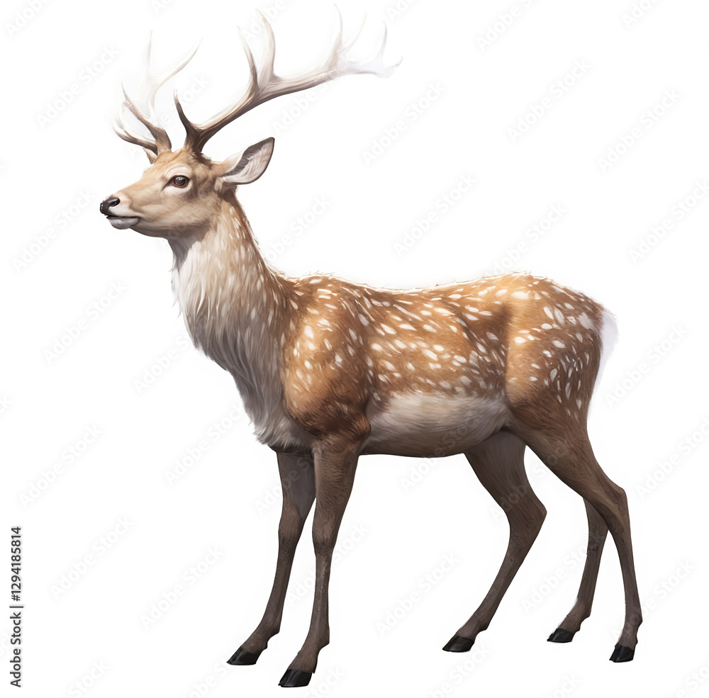 Fototapeta premium Fallow Deer illustration. Brown deer with white spots stands. Painting of animal with large antlers isolated cutout on transparent background.
