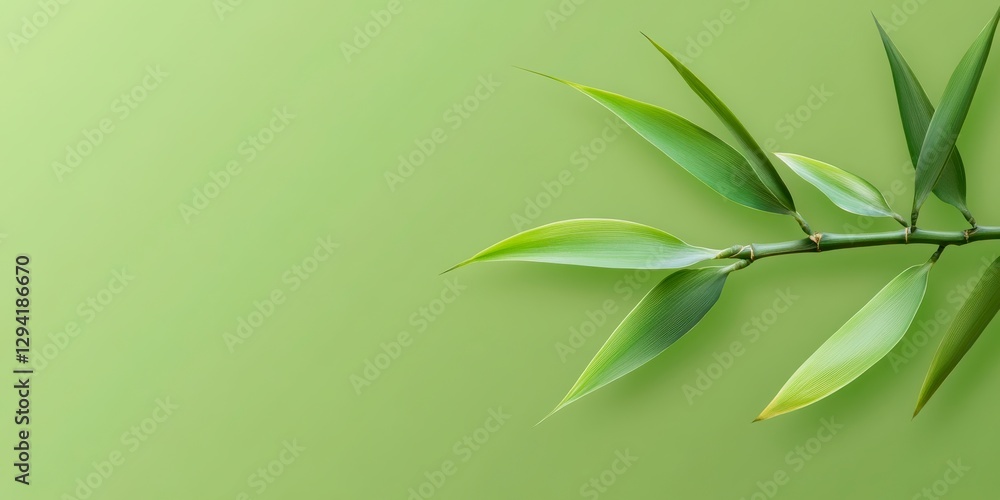 Fototapeta premium Lush green bamboo leaves create a tranquil natural backdrop on a vibrant green background.